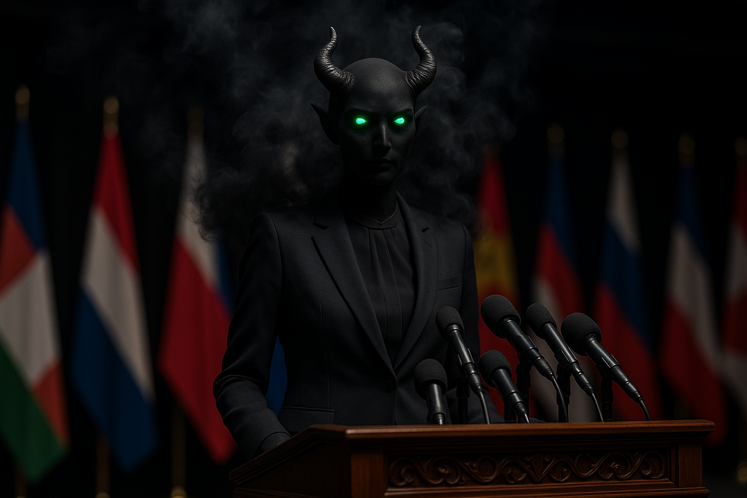 Press Secretary Malvolia Fangs addresses the media